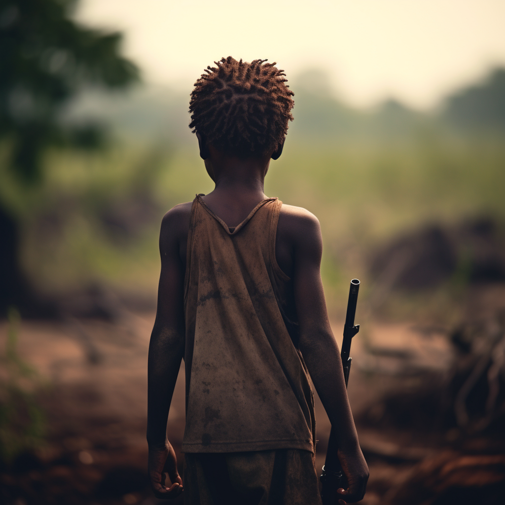african child from behind with a gunshot in his hand