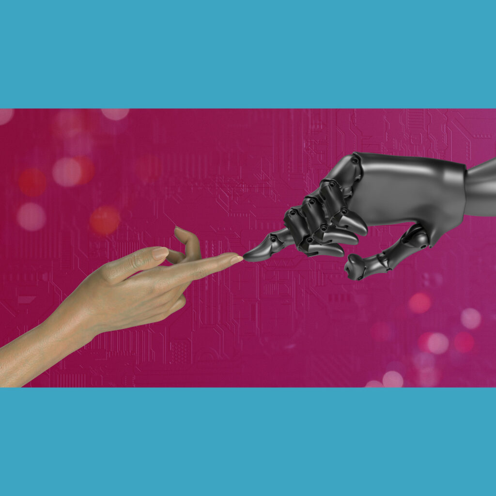 Mano umana e mano robotica di Igor Omilaev su Unsplash