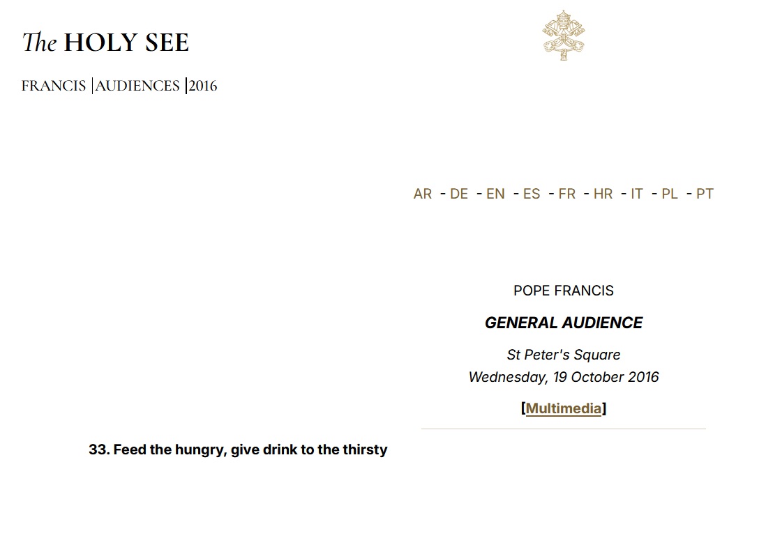 Papa Francesco – Dar da mangiare affamati e dar da bere assetati- udienza generale 19.10.2026 – EN Papa Francesco - Dar da mangiare affamati e dar da bere assetati- udienza generale 19.10.2026 - EN