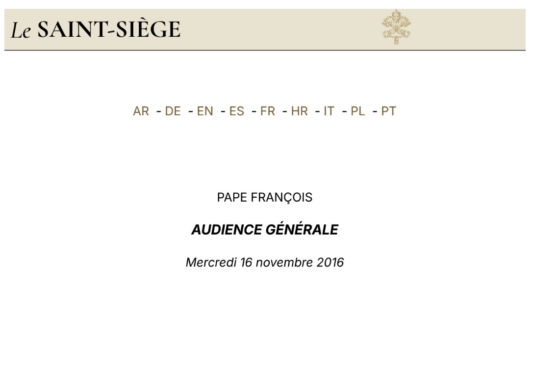 Papa Francesco – Sopportare pazientemente persone moleste – Udienza Generale 16.11.2016 – FR Papa Francesco - Sopportare pazientemente persone moleste - Udienza Generale 16.11.2016 - FR