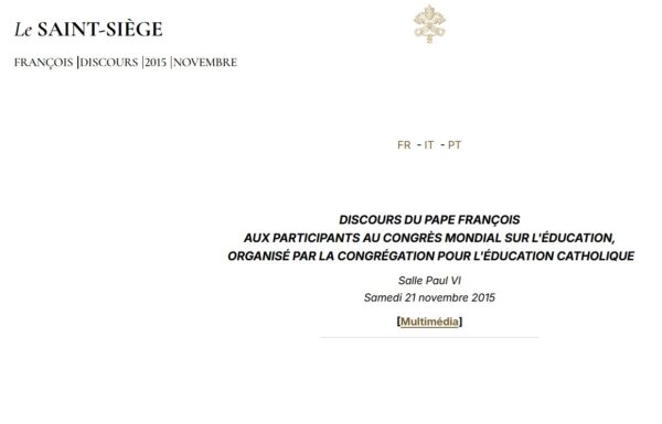 Papa Francesco al Congresso Mondiale Educazione Cattolica 21 novembre 2015 – Francese