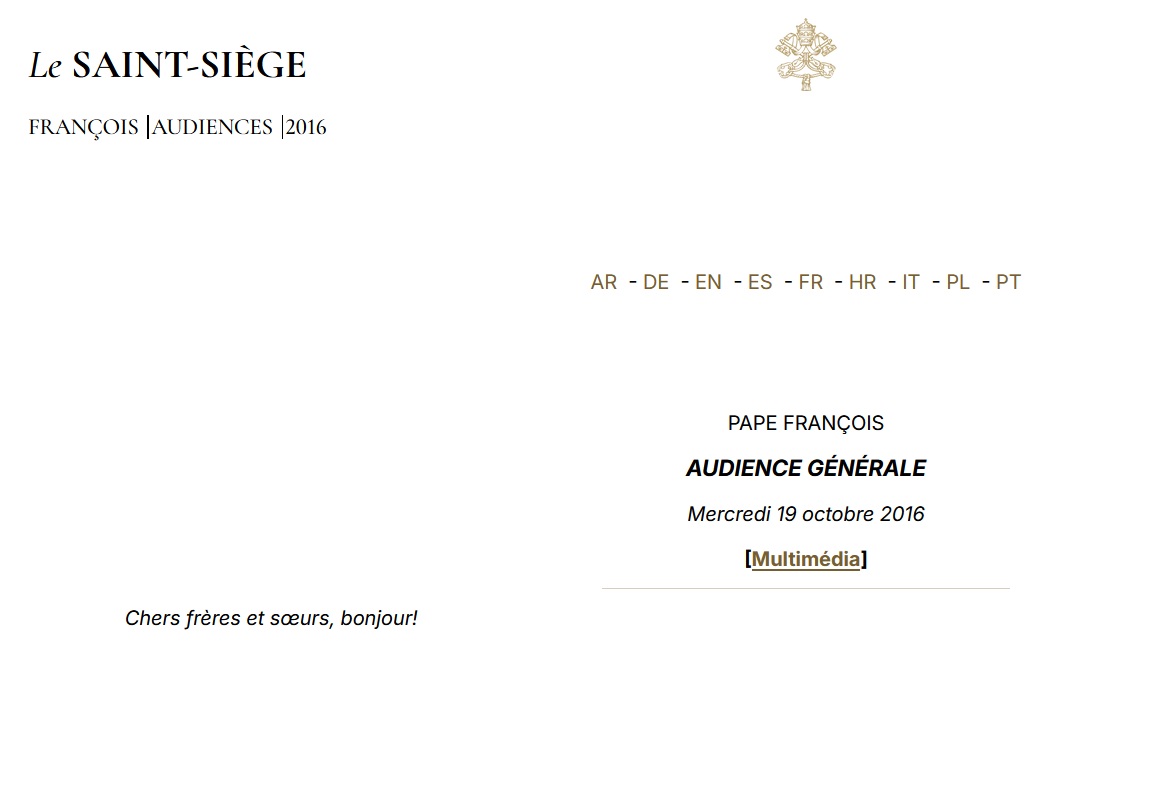 Papa Francesco – Dar da mangiare agli affamati e dar da bere agli assetati – Udienza Generale 19.10.2016 – Francese