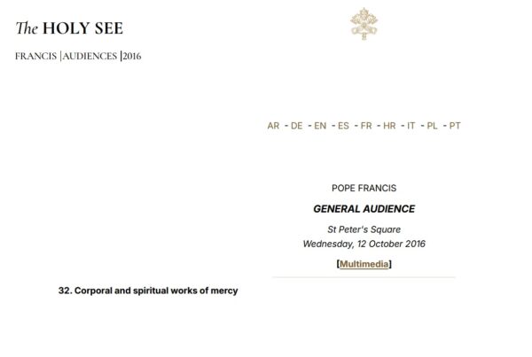 Papa Francesco – Le Opere di Misericordia corporali e spirituali – Udienza Generale 12.10.2016 – Inglese