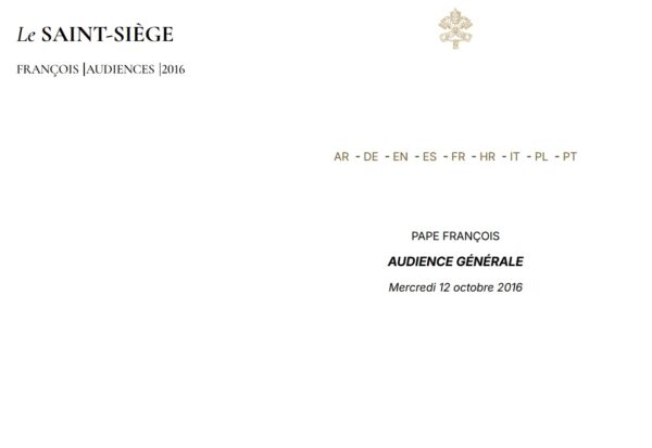 Papa Francesco – Le Opere di Misericordia corporali e spirituali – Udienza Generale 12.10.2016 – Francese