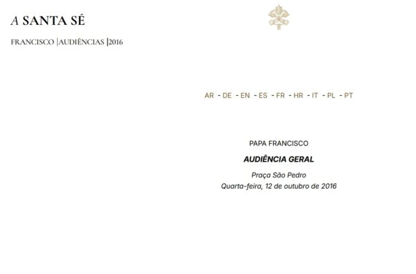 Papa Francesco – Le Opere di Misericordia corporali e spirituali – Udienza Generale 12.10.2016 – Portoghese