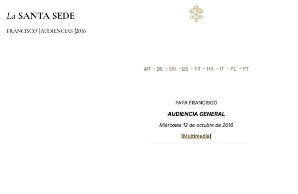 Papa Francesco – Le Opere di Misericordia corporali e spirituali – Udienza Generale 12.10.2016 – Spagnolo