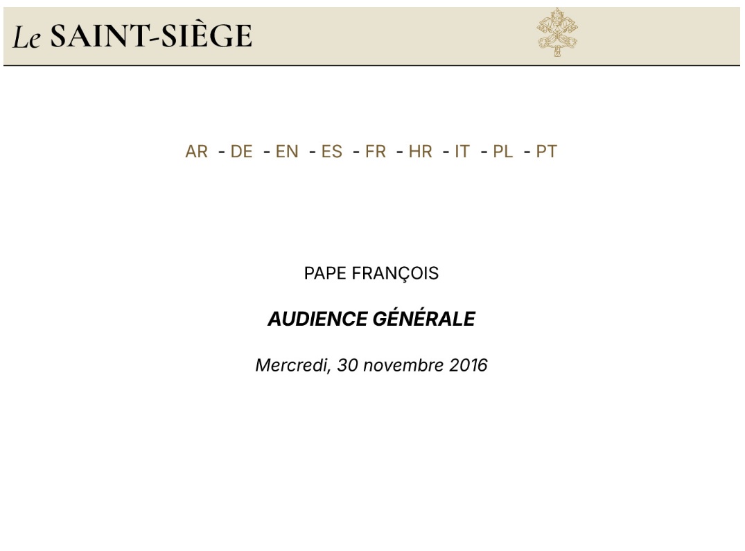 Papa Francesco – Pregare Dio per i vivi e per i morti – Udienza Generale 30.11.2016 – Francese