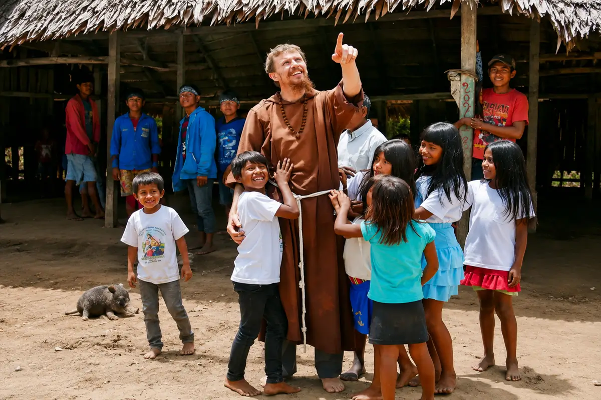 Fra Paolo con i bambini Ticuna in Amazzonia